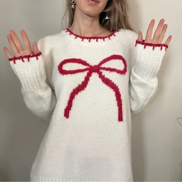 Pink Rose White Sweater with Red Bow Design - Picture 2 of 4